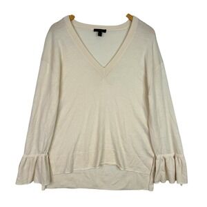 J.Crew 100% Merino Wool Sweater Women's M‎ Ivory Cream V-Neck Ruffle Sleeve